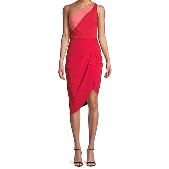 Lipsy London One-Shoulder Red Sheath Dress Asymmetrical-Pleat Cutout Stretch 12 - Picture 1 of 12